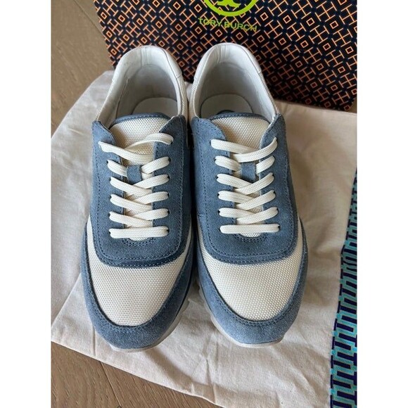 Tory Burch Sawtooth Logo Ivory Blue Low Top Sneaker Trainer Shoes 7.5 - Picture 3 of 10